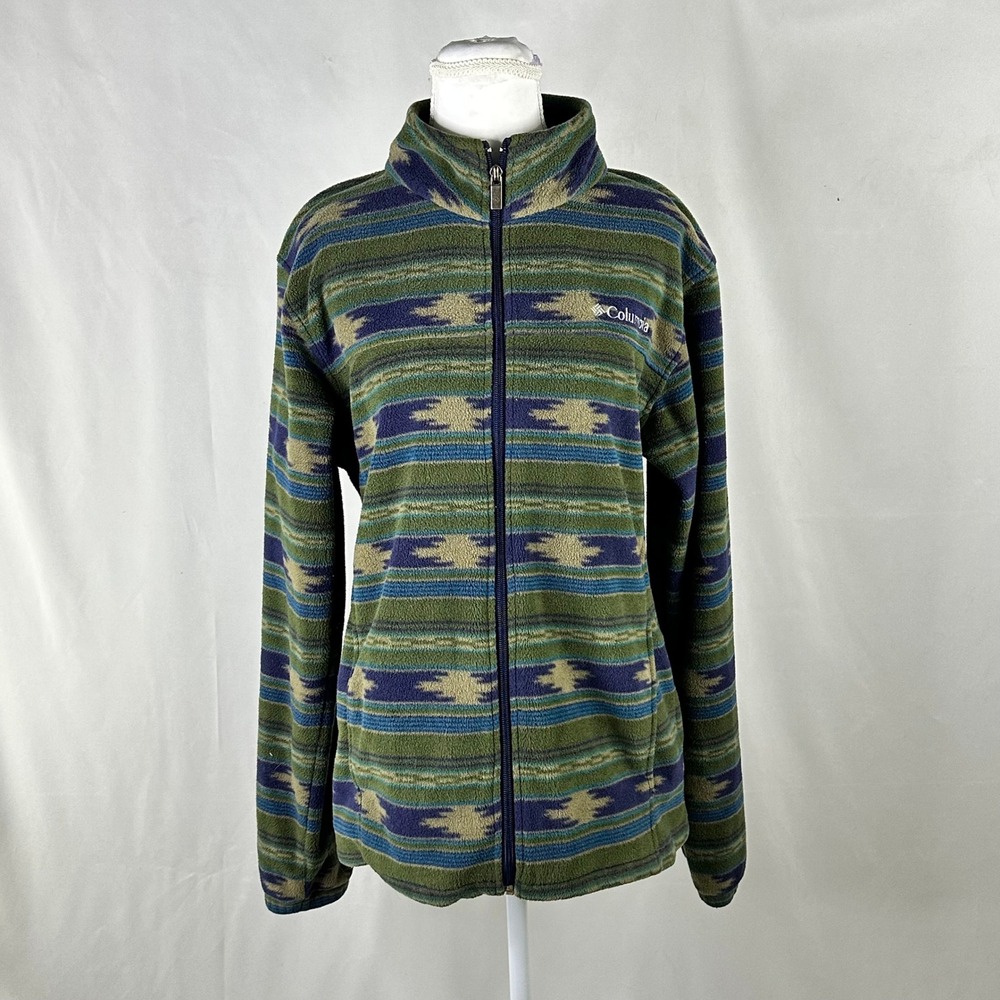 Columbia Mens Small Full Zip Fleece Green Blue Southwestern Gorpcore Hiking Cozy